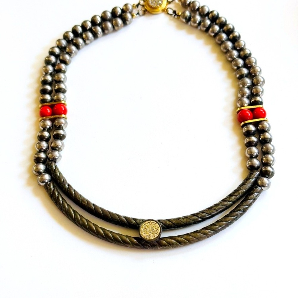 Brutalist Necklace VTG Statement crystal jeweled Collar‎ Brass Modernist MCM 70s